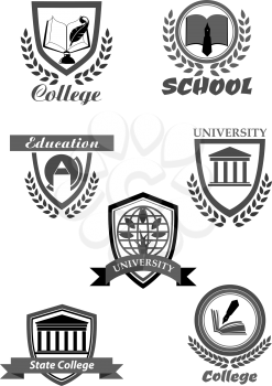 University, high school and college academy template icons. Symbols of education and knowledge book and ink pen, world globe and tree. Vector isolated set of shield ribbons and laurel
