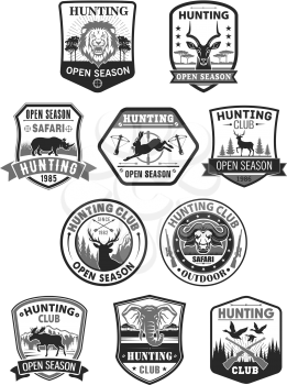 Hunting club template badges. Hunt open season or hunter adventure icons wild animals hare rabbit, deer or elk and ducks. African safari hunt lion, gazelle and rhinoceros elephant. Vector isolated sym