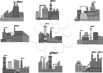 Factory or industrial plant icons of oil and mining or nuclear and machinery metallurgical heavy industry. Vector symbols set of or energy power plants or manufacturing stations with chimney smoke