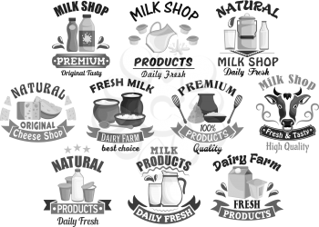 Milk shop icons for farm dairy products. Milk food butter and cheese, sour cream and curd or yogurt and kefir in pitcher or bottle. Vector symbols of cow head, cottage cheese and fresh cream in bowl