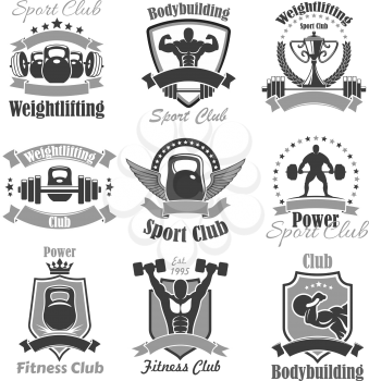 Weightlifting fitness club or gym icons. Powerlifting sport symbols of weightlifter athlete muscle torso, abs and arms, iron weight barbell or dumbbell, winner cup wings and crown. Vector isolated bad