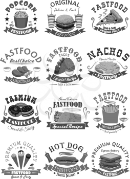 Fast food restaurant icons for menu of burgers cheeseburger and hamburger, hot dog sandwich, pizza and french fries. Popcorn, chicken legs or wings, ice cream and donut. Vector fastfood snacks and des