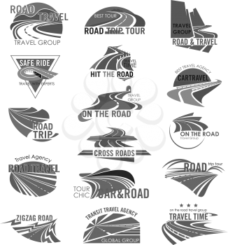 Travel company or tourist agency template icons. Road trip ways for car tour and bus journey with design of highways or motorways adventure routes, bridges and pathway tunnels. Vector isolated set