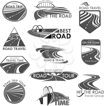 Travel company or tourist trip agency template icons. Road journey ways for car and bus tour. Vector isolated symbols set of highways or motorways adventure routes, bridges and pathway tunnels
