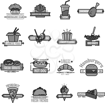 Fast food burgers, sushi or chinese seafood and bakery cakes. Vector restaurant icons for menu of hamburger, hot dog and pizza. Fastfood sushi rolls, pastry croissant or muffin and ice cream or donut
