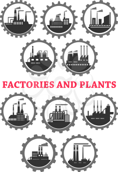 Factory or plant industrial icons in cogwheel. Vector symbols set energy and power plants or manufacturing stations with chimney smoke for oil, mining or nuclear and heavy metallurgical industry
