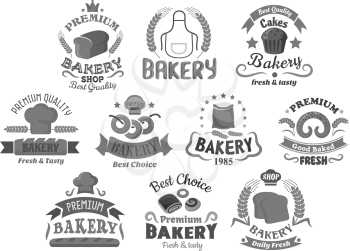 Bakery shop and pastry premium icons. Wheat and rye bread bagels and loafs, cake or cupcakes desserts. Vector isolated templates set of buns and pretzel, chocolate muffin or donut croissant and chef t