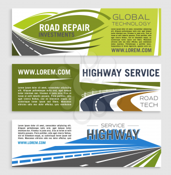 Road repair and highway service banner template. Asphalt highway road and speedy freeway symbol with text layouts for road construction and repair services, transportation company poster, flyer design
