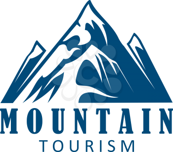 Mountain tourism and climbing sport icon. Mountain landscape with snowy peak and rocky hills for travel or extreme sport symbol, outdoor adventure and expedition badge design