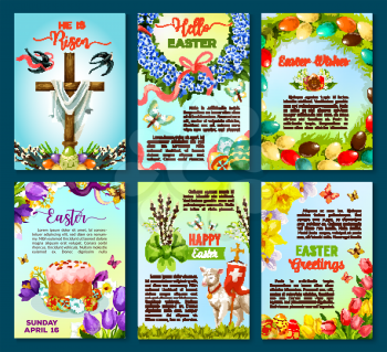 Easter greetings poster template. Easter egg and cake, spring flower wreath, Easter lamb and crucifix cross cartoon banners, decorated by flower of lily, tulip and narcissus, swallow bird, butterfly
