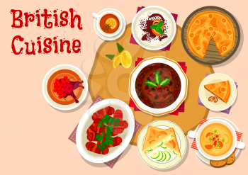 British cuisine lunch dishes icon of sausage baked in bacon, beer soup with cheese, duck meat pie, chocolate and rice pudding, cucumber sandwich, dried fruit cake. Christmas menu design