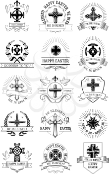 Easter cross, He Is Risen symbol set. Christian religion crucifix cross with dove bird, framed by heraldic shield, laurel wreath and ribbon banner with greeting wishes. Easter holidays label design