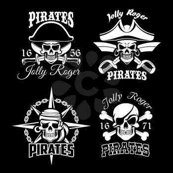 Pirate skull and Jolly Roger flag icon set. Dead pirate skeleton in captain hat, bandana and eyepatch with crossbones, sword, chain and compass wind rose. Piracy symbol for tattoo or emblem design