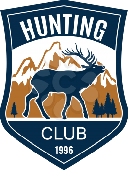Hunting club badge of heraldic shield with deer on mountain and forest landscape background. Antler hunting, hunter sporting club symbol design
