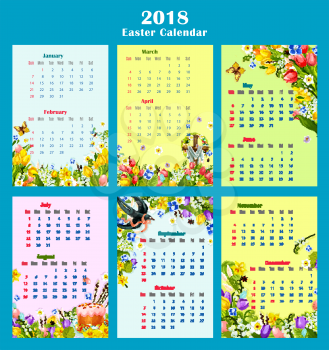 Easter year calendar template design. Monthly calendar with Easter egg, cake and crucifix cross, decorated by spring flower of tulip, lily, narcissus, snowdrop, green grass, butterfly and swallow bird