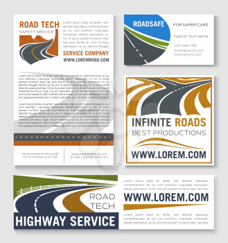 Highway road construction and traffic safety service banner template set. Road tunnel, highway junction, bridge and ramp building company flyer, business card and poster design