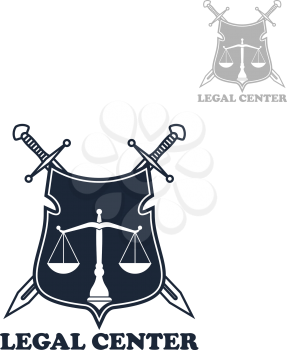 Law firm badge of heraldic shield with scales of justice and crossed swords. Lawyer office emblem, legal center symbol, attorney service theme design