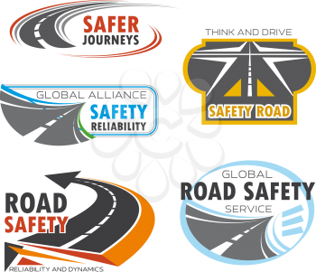 Road and traffic safety symbol set. Asphalt highway, road, freeway, roadway and crossroad isolated emblem for road safety service, car travel and transportation company design