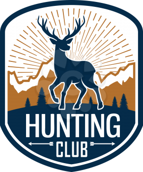 Deer hunting badge. Hunt club heraldic emblem of shield with buck or stag silhouette on mountain landscape background, decorated by arrows. Hunting sport themes design