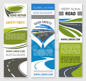 Road construction and traffic safety banner template. Highway road repair and bridge building company, transportation services advertising flyer and poster design with road symbols and text layouts