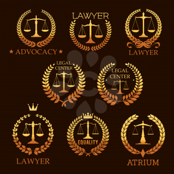 Lawyer office, law firm and legal center golden emblem set. Scale of justice gold symbol, framed by laurel and floral wreath with ribbon, crown and star for lawyer service heraldic badge design