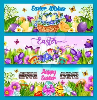 Easter egg with flower banner template set. Decorated Easter egg on spring flower meadow with green grass, chicken chick, egg hunt basket, tulip, lily, crocus and snowdrop wreath with ribbon and bow