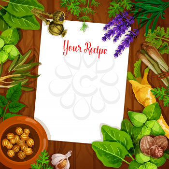 Herbs and spices with blank recipe paper on wooden background. Fresh basil, rosemary, parsley, cardamom, garlic, dill, nutmeg, celery, poppy, lemongrass, sorrel and lavender on table with copy space