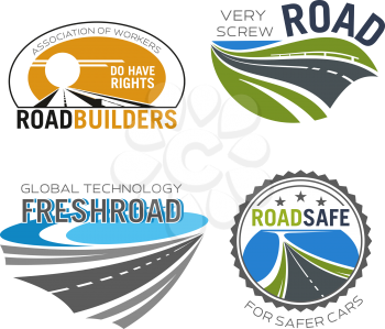 Road construction icon set. Asphalt highway and speedy freeway symbols for road build and repair service company emblem design