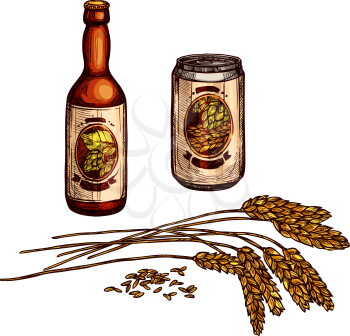 Beer alcohol drink. Glass bottle and can of beer, lager and ale beverage with labels, decorated by hops and barley. Pub, bar or brewery symbol, Oktoberfest festival, food and drink themes design