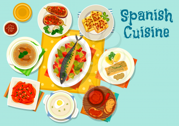 Spanish cuisine healthy lunch icon with cod in almond sauce, fish baked with vegetables, pork and ham broth, garlic soup, potato and mushroom omelette, pepper in garlic sauce, eggplant with meat