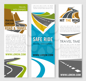 Road trip and travel banner template. Transportation company flyer and poster set with mountain and coastal highway roads, speedy freeway and bridge symbols for car journey, tourism, drive tour design