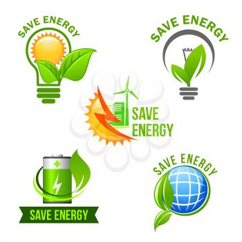 Green power and energy saving symbol set. Eco light bulb with green leaf and sun, solar panel and wind turbine energy, charge battery and earth globe with plant for ecology and renewable energy design
