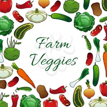 Farm vegetables poster, vegetarian food background. Pepper, carrot, cabbage, potato, cucumber, bean, green pea and onion, zucchini, kohlrabi, pattypan squash veggies frame for farm market label design