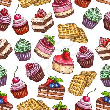 Pastry vector seamless pattern of sweet cakes, crispy wafers, strawberry cupcakes, berry pies, cherry tarts. Vector color sketch elements for bakery dessert product decoration design