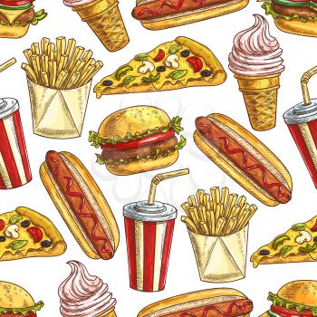 Vector pattern of fast food elements hot dog, cheeseburger, pizza slice, french fries, sandwich, soda drink, ice cream. Fast food seamless pattern of sketch snacks, drinks, desserts on white backgroun