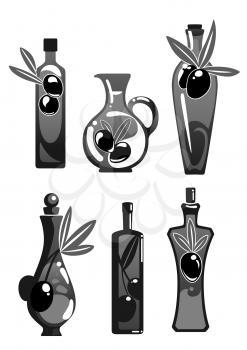 Olive oil in bottle, pitcher or jug and jar. Vector icons of black or green olives in salad dressing. Isolated symbols for culinary cooking ingredient or seasoning product condiment