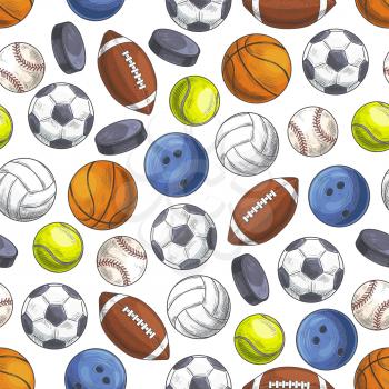 Sport seamless pattern with sketch game balls. Background with elements of balls for rugby, football, soccer, baseball, basketball, tennis, hockey puck, bowling, volleyball