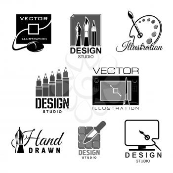 Design studio template icons for graphic and illustration designers agency or company. Symbols of artist paint palette and brushes, monitor with drawing tablet or computer mouse. Vector isolated set