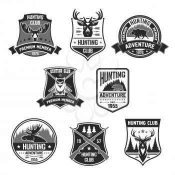 Hunting adventure or hunters club icons. Open season badges with wild boar or aper, wildlife grizzly bear and forest owl, deer or elk. Vector isolated symbols of rifle gun, stars and shield ribbons