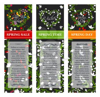 Spring vector banners for sale and greetings. Flowers design and floral hearts ornaments for springtime shopping discount season. Garden lily blossoms and blooms with forest berries