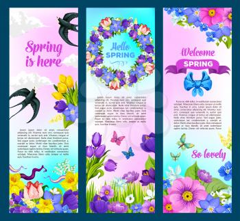 Hello spring greeting design with springtime flowers. Vector banners set of flower wreath with blooming crocuses, daffodils and lily of valley, snowdrops blossoms in bow and swallow birds with butterf