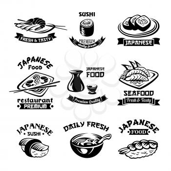 Japanese sushi rolls bar icons of seafood icons. Seafood dishes of shrimp prawn tempura, salmon sashimi and steamed teriyaki rice, miso seaweed on udon noodle soup and soy sauce with chopsticks. Vecto