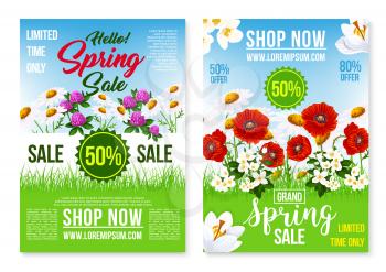 Spring Sale vector posters and web landing pages. Field of blooming poppies and garden flowers. Floral design for springtime holidays shopping discount and online store percent limited offers