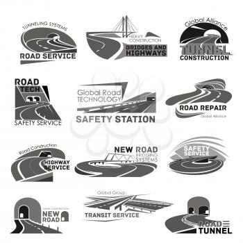 Road safety service icons set for highway construction and bridge or tunneling technology company. Vector templates set for transport pathway and motorway building or transportation corporation