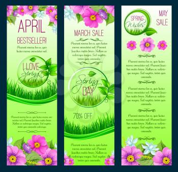 Spring sale and March shopping promo discount vector banners set. Floral design of springtime blooming flowers crocuses, daisy and daffodils or narcissus on green grass meadow field