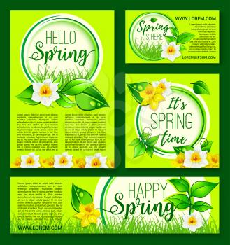 Hello Spring vector template poster, banner for springtime holiday design of flowers bunch narcissus and daffodils bouquet on blooming nature grass lawn. Welcome Spring floral greeting design