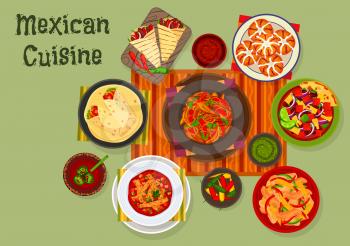 Mexican cuisine chilli chicken icon served with tomato sauce salsa, vegetable salad, grilled beef fajitas, chicken burrito with bean, corn pepper salad, tomato tortilla soup, sweet bread with raisins