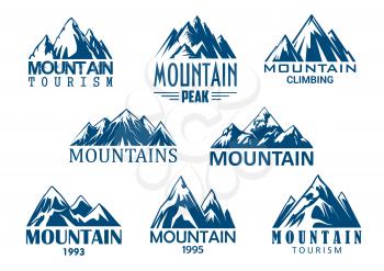 Mountain tourism and rock climbing icon set. Mountain top blue silhouette with snowy peak, steep rocky hill and mountain crest nature landscape for outdoor adventure, extreme sport and travel design