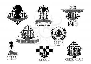 Chess club icon set. Chess board and pieces of king, knight, queen, pawn, rook and bishop with trophy or winner cup, framed by heraldic laurel wreath, ribbon banner, star for chess tournament design