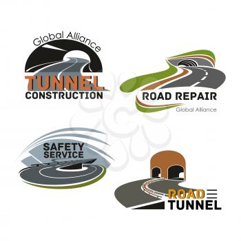Road tunnel construction and repair icon set. Highway intersection safety service, mountain tunnel and winding freeway isolated symbol for road building company or maintenance service emblem design